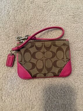 Coach Signature Canvas Wristlet in Brown and Hot Pink
